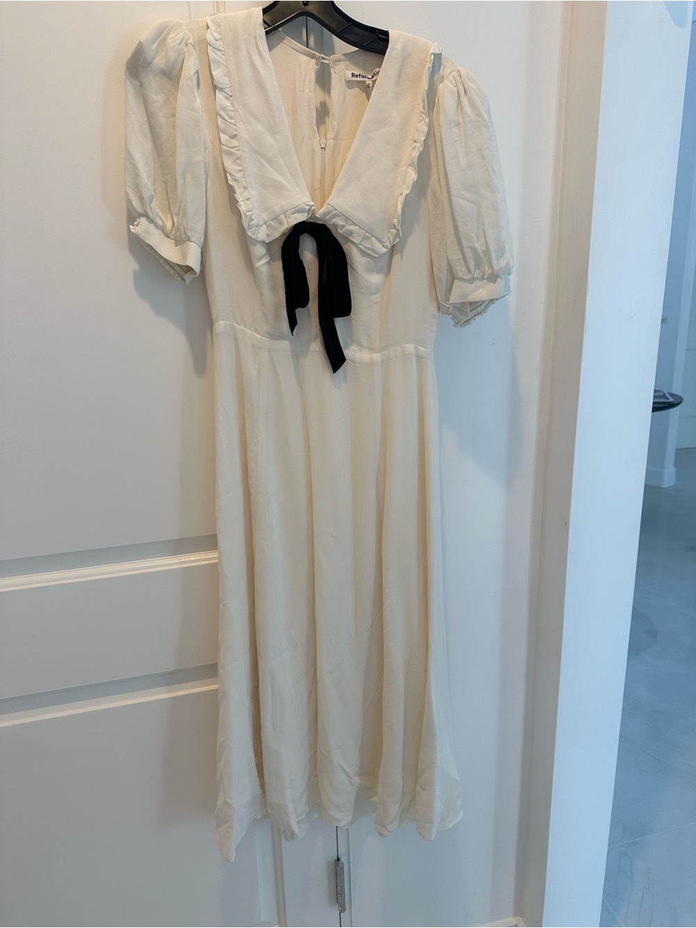 Reformation Cream Midi Dress with Black Neck Tie